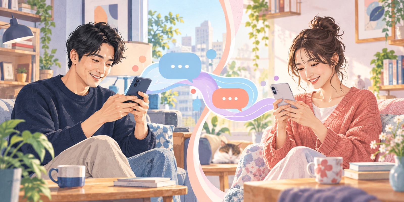 自宅でメッセージを楽しむ大人の男女のイラスト