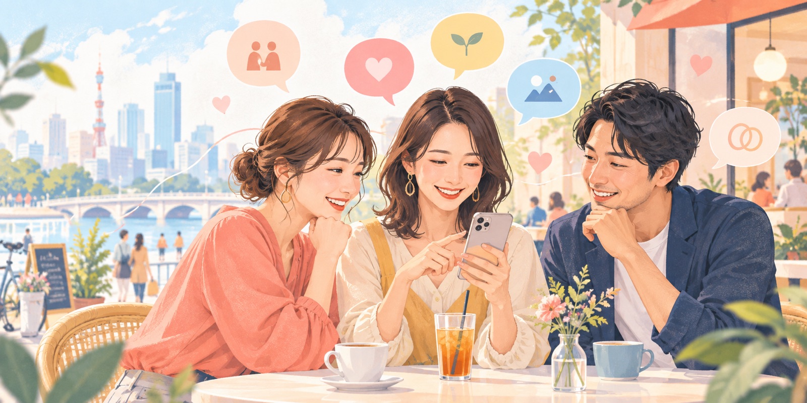 スマートフォンを囲んで出会いサービスを比較する大人たちのイラスト