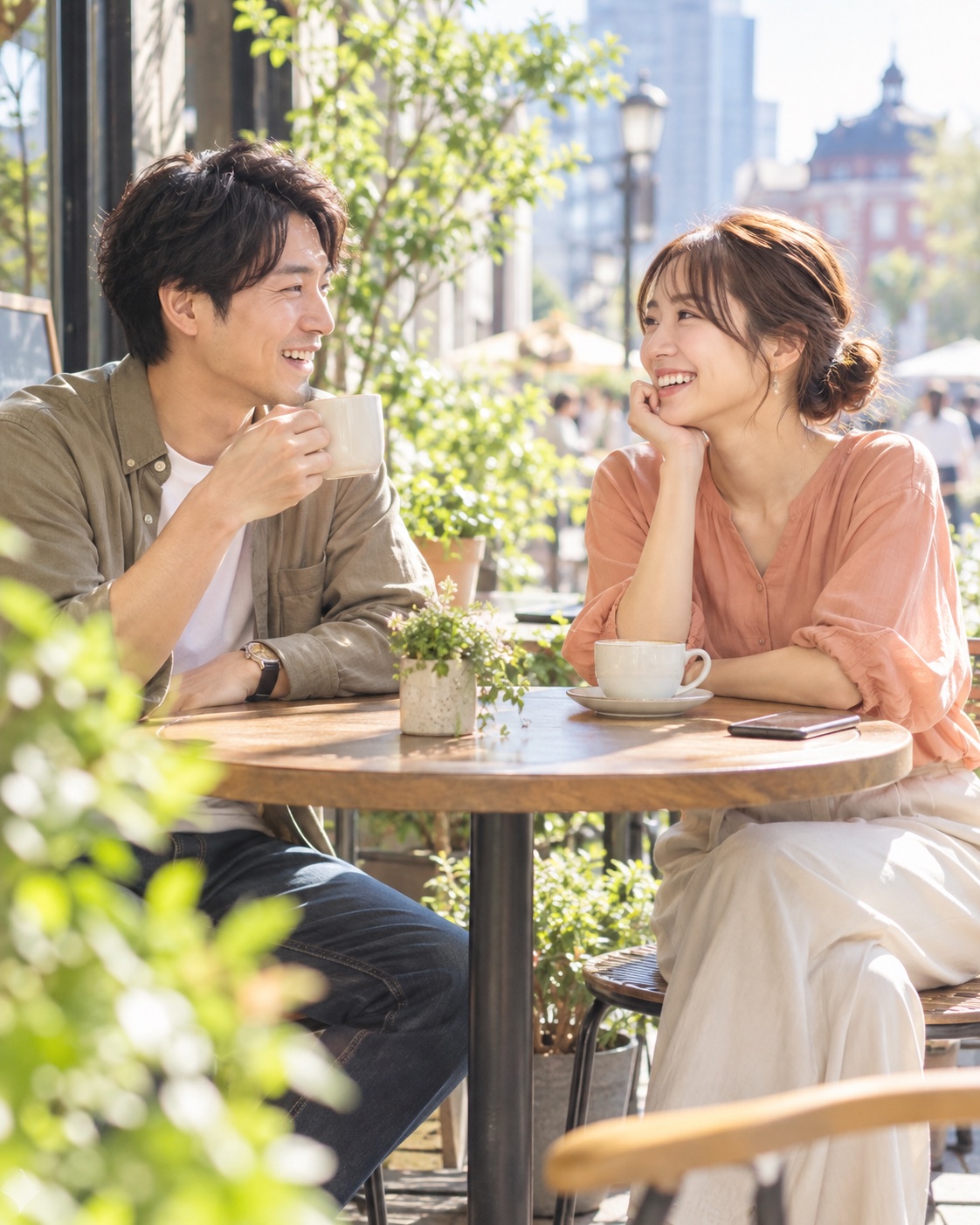明るいカフェで会話を楽しむ大人の男女