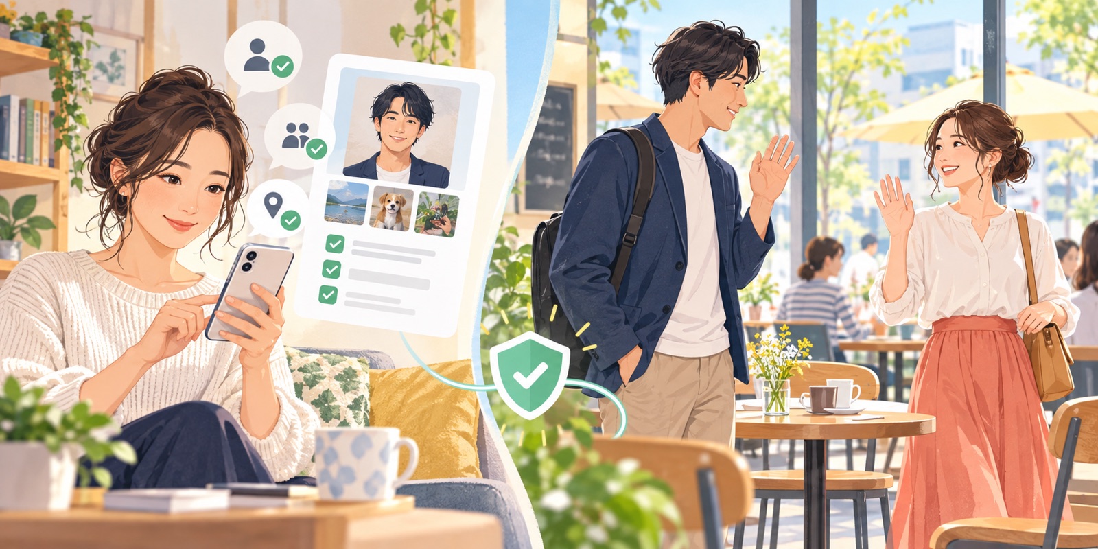 安全に相手を確認し、人目のある場所で会う流れを表したイラスト